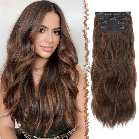 FESHFEN Clip in Hair Extensions for Women - 4 Pcs Thick Double Weft Long Wavy - Picture 7 of 7